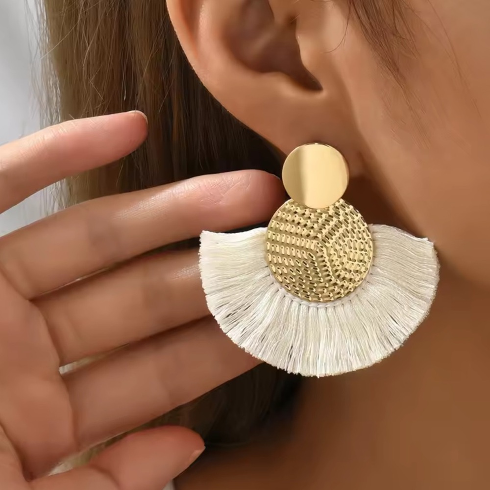 Boho White Tassel Fringe Statement Earrings Summer Festival Jewelry